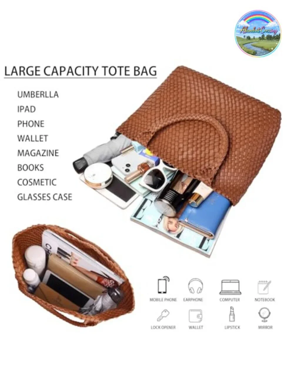 Woven Tote Bag for Women, Top Handle Vegan Leather Shoulder Handbag